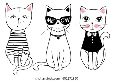 Vector series with cute fashion cats. Stylish kitten set. Trendy illustration in sketch style  t-shirt print, cards, poster. Doodle Kitty. Kids animals. Funny character.