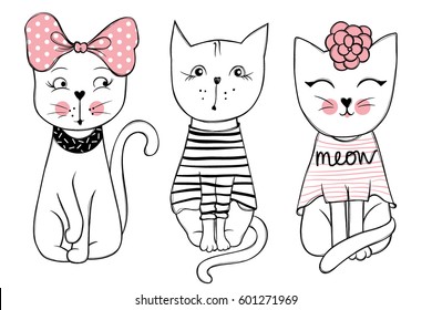 Vector series with cute fashion cats. Stylish kitten set. Trendy illustration in sketch style  t-shirt print, cards, poster. Doodle Kitty. Kids animals. Funny character.