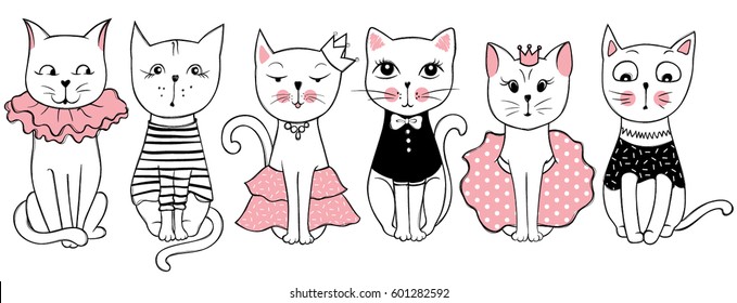 Vector series with cute fashion cats. Stylish kitten set. Trendy illustration in sketch style  t-shirt print, cards, poster. Doodle Kitty. Kids animals. Funny character.