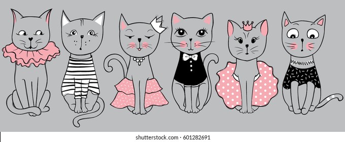 Vector series with cute fashion cats. Stylish kitten set. Trendy illustration in sketch style  t-shirt print, cards, poster. Doodle Kitty. Kids animals. Funny character.