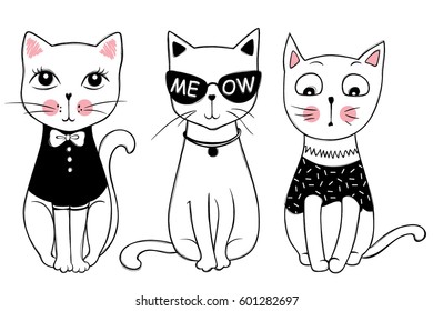 Vector series with cute fashion cats. Stylish kitten set. Trendy illustration in sketch style  t-shirt print, cards, poster. Doodle Kitty. Kids animals. Funny character.