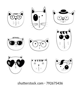 Vector series with cutecats. Illustration in sketch style t-shirt print, cards, poster. Kids animals. Funny character