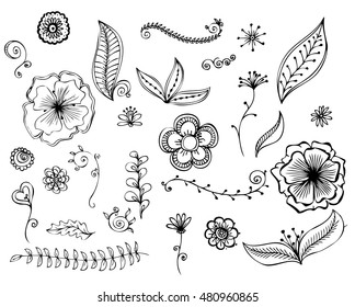 vector series of doodle ornament line pink plant white vegetation nature flower nails star group hand branch vine community black abstract edge pile earth leaf scenery ornate flowers set silhouette cu