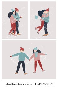 Vector series of illustrations of couples in love having fun outdoors on a winter snowy day