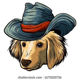vector serious cartoon hipster dog Labrador Retriever in a gray silk hat