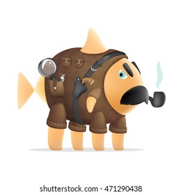 Vector serious fish detective on four paws smokes a pipe