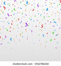 Vector serpentine, abstract background with many falling tiny colorful confetti pieces and ribbon.