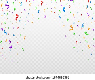 Vector serpentine, abstract background with many falling tiny colorful confetti pieces and ribbon.