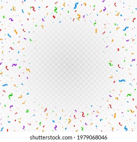 Vector serpentine, abstract background with many falling tiny colorful confetti pieces and ribbon.