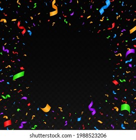 Vector serpentine, abstract background with many falling tiny colorful confetti pieces and ribbon.