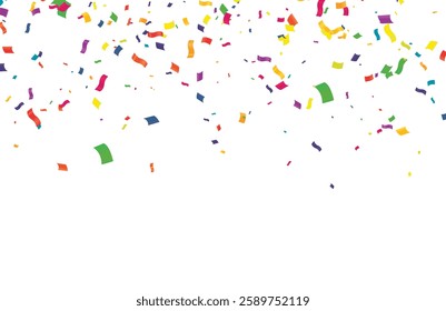 Vector serpentine, abstract background with many falling tiny colorful confetti pieces and ribbon. Carnival, Christmas or New Year decoration colorful party pennants for birthday