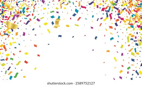 Vector serpentine, abstract background with many falling tiny colorful confetti pieces and ribbon. Carnival, Christmas or New Year decoration colorful party pennants for birthday