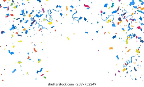 Vector serpentine, abstract background with many falling tiny colorful confetti pieces and ribbon. Carnival, Christmas or New Year decoration colorful party pennants for birthday