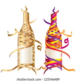 Serpentina vetorial em forma de garrafas de vinho. Dourado e multicolor.