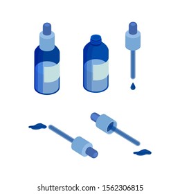 Vector serum different sides isometric object illustration. Serum bottle and dropper standing and laying down illustration.