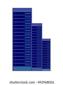 Vector server and computer networking hardware icon. Blue servers and hardwares for internet data center. Server rack cluster of computers. Vector illustration in flat design.