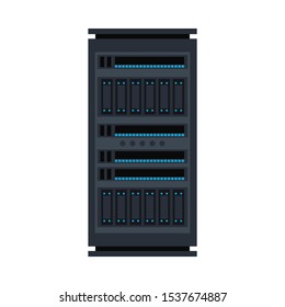 Vector server rack icon. Data warehouse, storage center hardware design element. Information technology hub. Database network equipment. Cloud computing host server.