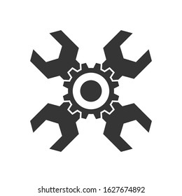 Vector service icon isolated. Black service tools icon in flat design. Gear with two crossed wrenches