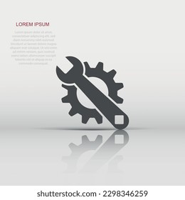 Vector service tool icon in flat style. Cogwheel with wrench sign illustration pictogram. Workshop business concept.