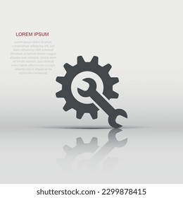 Vector service tool icon in flat style. Cogwheel with wrench sign illustration pictogram. Workshop business concept.