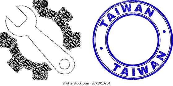Vector service tools icon mosaic is made from repeating recursive service tools pictograms. Taiwan textured blue round seal print. Fractal collage from service tools icon.