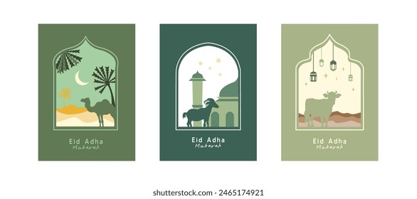 Vector sest eid al-adha celebración. Perfecto para póster, tarjeta de felicitación, Anuncio y decoración de la cubierta. Diseño de Eid Mubarak con tema de color verde y camello, oveja, ilustración de vaca simple.