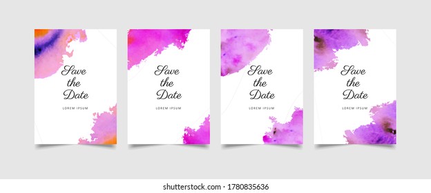 Vector set of 04 slides modern luxurious watercolor hand-drawn wedding invitation card illustration in white background. Great for holiday and occational invitation card promotional surface project.