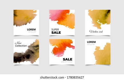 Vector set of 06 slides modern luxurious hand-drawn watercolor social media post template design in white background. Grerat for social and web promotional super mega sale discount surface project.