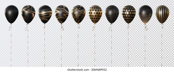 Vector set of 10 3d realistic balloons. Black, with abstract golden texture, with golden confetti circles, with circles, striped. Good for Black Friday designs.