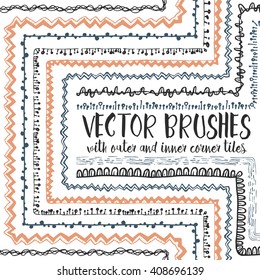 Vector set of 10 hand drawn decorative seamless pattern brushes with outer and inner corner tiles. Endless whimsical ink borders for frames, decorations, elements, dividers.Brushes are included in eps