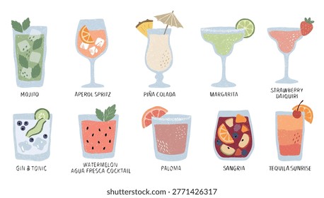 Vector set with 10 hand-drawn cocktail illustrations. Includes Mojito, Spritz, Margarita, Piña Colada, Paloma. Detailed with names, garnishes, ice, and retro style on a white background.