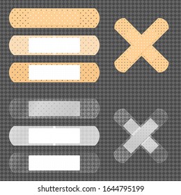 Vector set of 10 medical bandages. Plasters with / without wrapper on adhezive side. Different bandage strips / plasters isolated on transparent background. First aid items. EPS10.