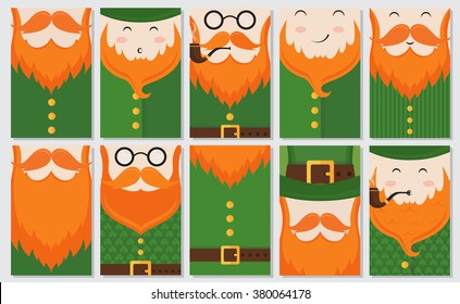 Vector set of 10 modern flat card design with Saint Patrick's Day symbols -; leprechauns; green hat; green suit with clover texture; red beard; smoking pipe. Vector holiday badge design.