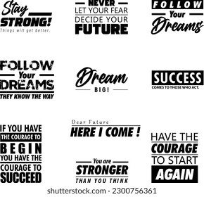 Conjunto de vectores con 10 citas motivacionales Tipografía. volantes, pancartas o postales . Diseño de letras vectoriales. Tarjetas de registro o de registro en diario con comillas