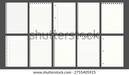Vector set of 10 notebook paper designs with various patterns: lined, grid, and plain. Each page features a spiral or hole-punched margin on a dark background.