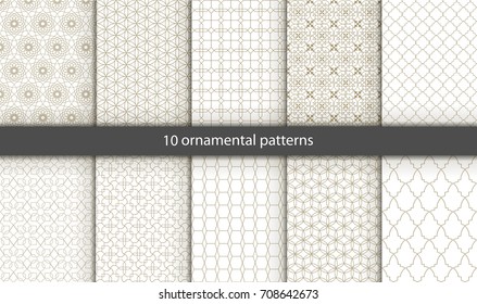 Conjunto vetorial de 10 padrões orientais. Fundo branco e dourado com ornamentos árabes. Padrões, fundos e papéis de parede para o seu design. Enfeite têxtil. Ilustração vetorial.