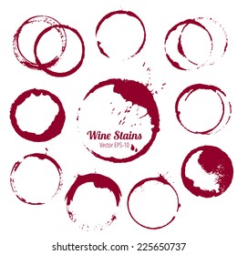 vector set of 10 round ink wine stains isolated on white background