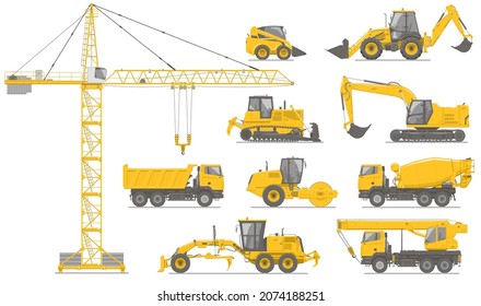 Vector set of 10 types of construction vehicles 