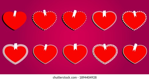 Conjunto de vectores de 10 válvulas. Corazones rojos vintage con borde blanco. Para el diseño de postales festivas, iconos, banners, plantillas, avatares, paquetes, fondos de escritorio, decoraciones, pegatinas e impresión
