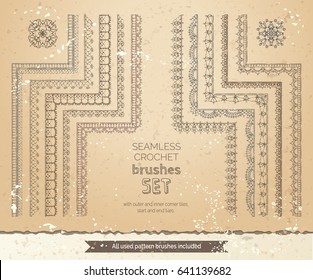 Vector set of 10 vintage lace crochet seamless brushes. Outer and inner corner tiles, start and end tiles included. Sketch knitted edging patterns and ornaments.