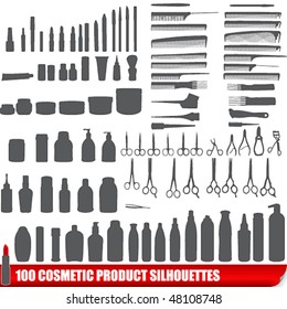 Vector set of 100 cosmetic product silhouettes