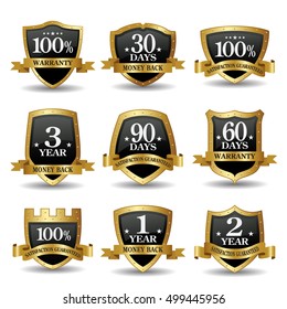 Vector set of 100 % guarantee golden shield labels