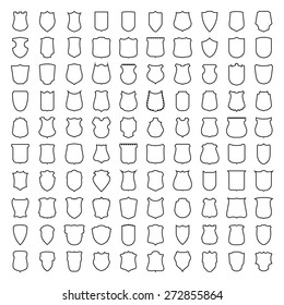 Vector set of 100 linear heraldic shields. Retro style labels, tags, badges, stamps, borders and emblems set.