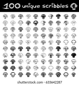 
vector SET 100 mushroom SCRIBBLES Part 1. Clip art isolated on transparent background.
