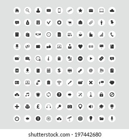 Vector set of 100 quality round Icons for web and mobile applications. Collection of business, banking, marketing, science, education, ecommerce, finance, money, office, multimedia items and etc.