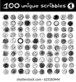 vector SET 100 SCRIBBLES scrawl collection.  Graphic stylized objects. Hand drawn decorative texture concept. Unique sketch of round design elements. Part1
