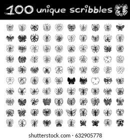 vector SET 100 SCRIBBLES scrawl collection. Clip art isolated on transparent background. Graphic stylized objects. Hand drawn decorative texture concept. Unique sketch of butterfly design elements. 1