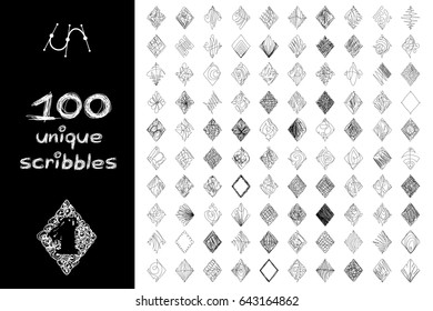 vector SET 100 SCRIBBLES scrawl collection. Clip art isolated on transparent background. Graphic stylized objects. Hand drawn geometric texture concept. Unique sketch of rhombus design elements. 01 - Powered by Shutterstock - Get 15% off with code: PIKWIZARD15