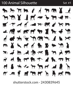 Vector set of 100 very detailed animal silhouettes. Animals icon set with 100 vector. Simple filled farm icons isolated on a white background. Good for apps and web sites. all animal set vector