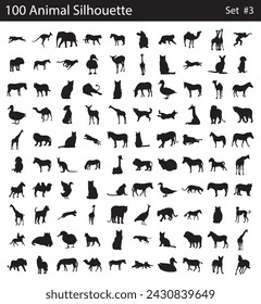 Vector set of 100 very detailed animal silhouettes. Animals icon set with 100 vector. Simple filled farm icons isolated on a white background. Good for apps and web sites. all animal set vector